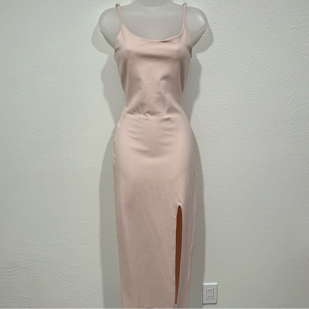 NWT forever 21 pink beige high thigh leg slit l bodycon fitted maxi dress