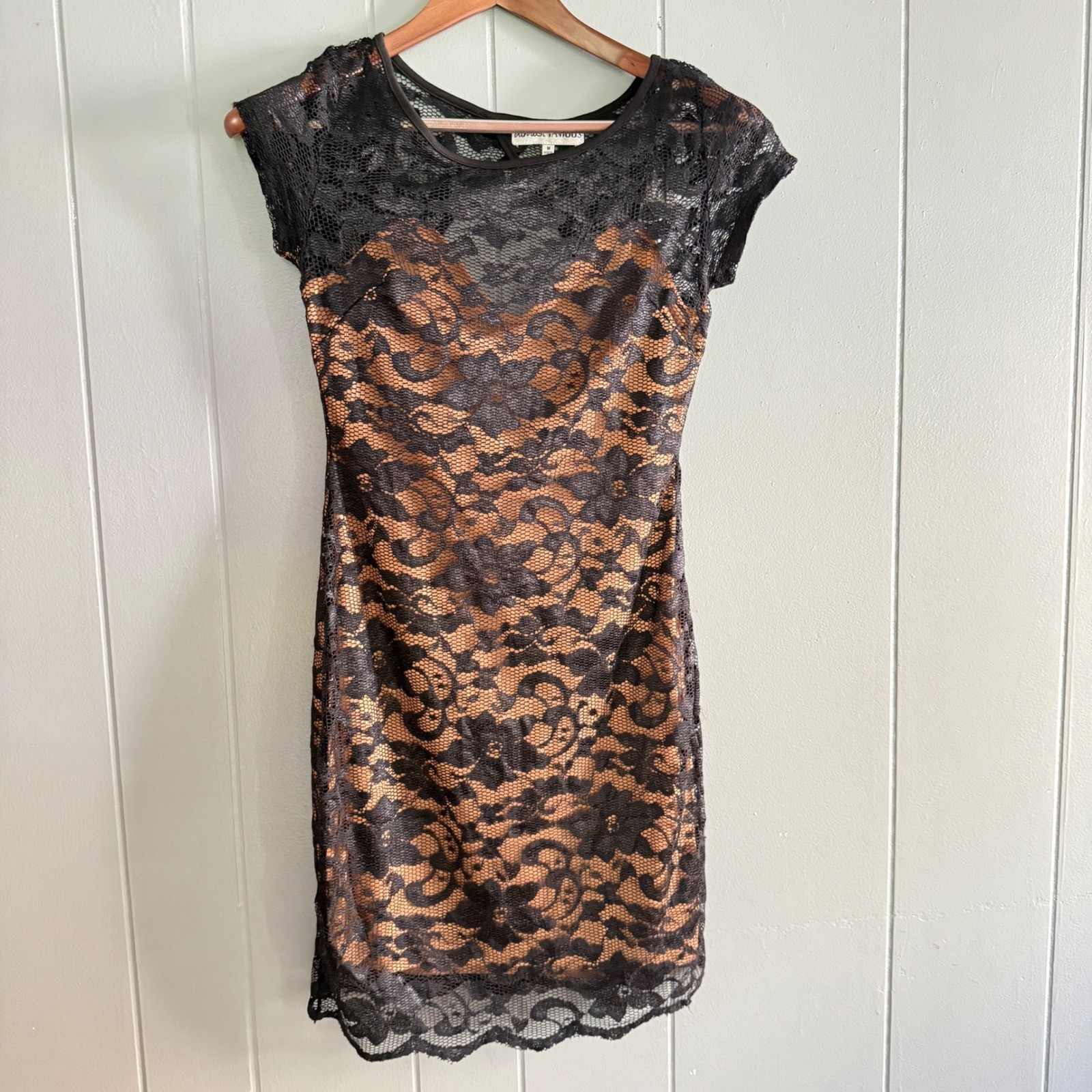 Almost Famous Black Floral Lace Mini Dress Tan Lining Cutout Back Womens Medium