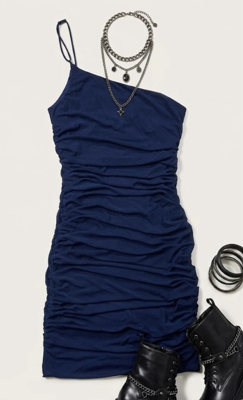 Cotton Candy LA Navy Ruched One Shoulder Mini Bodycon Dress S Mesh Asymmetrical