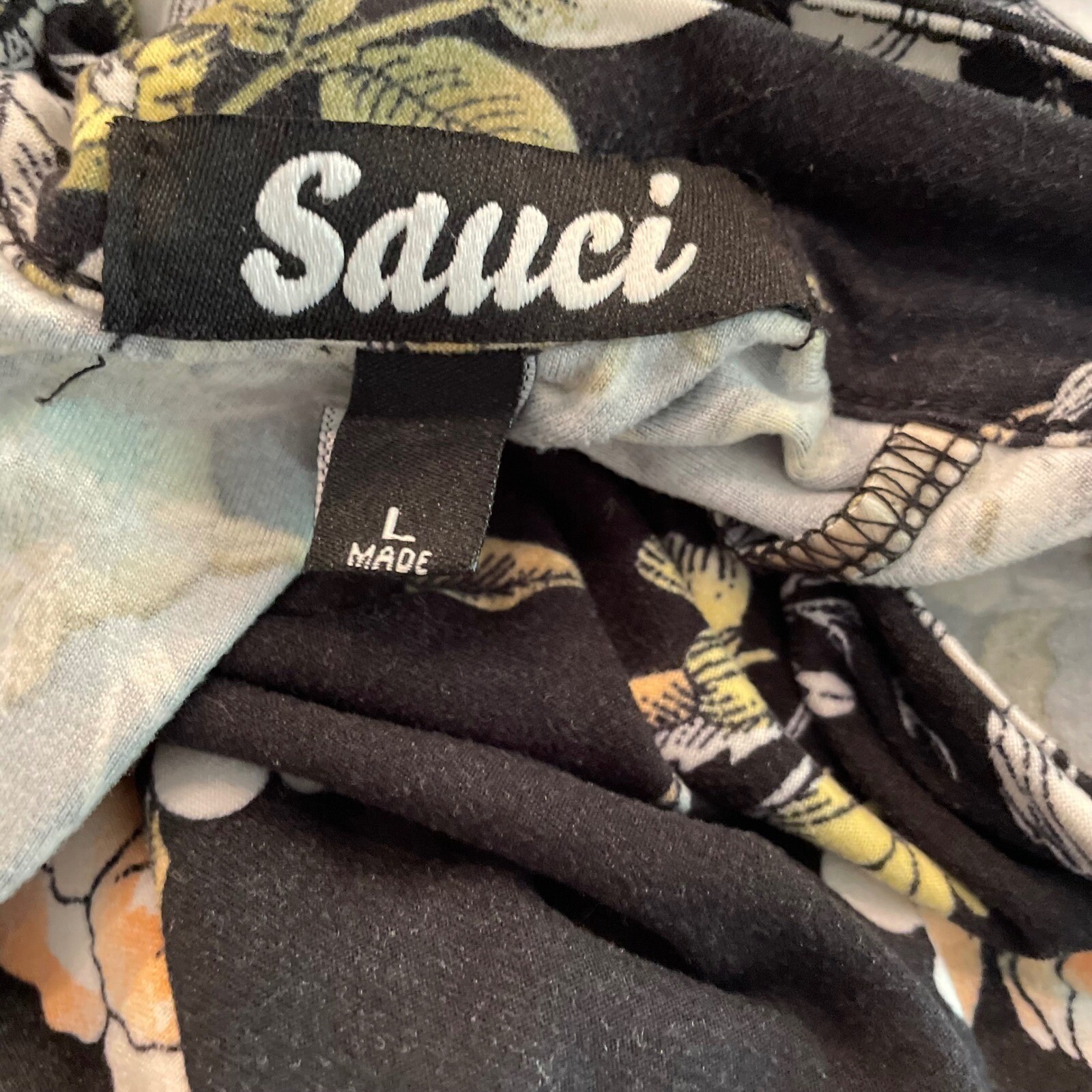 Sauci Womens Floral Mini Shift Dress Large Tie Back Casual Black Stretch Comfort