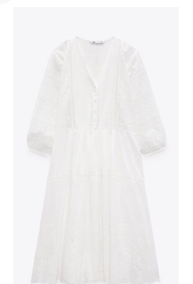 ZARA OYSTER WHITE MIDI EMBROIDERED DRESS V NECK With Long Sleeves Size S BNWT