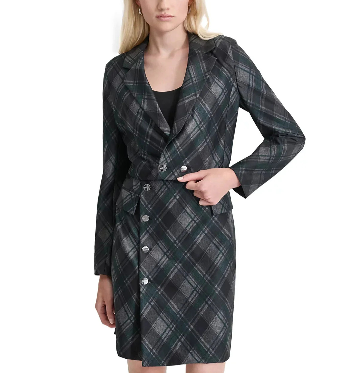 DKNY Plaid-Print Notch-Collar Blazer Dress MSRP 144