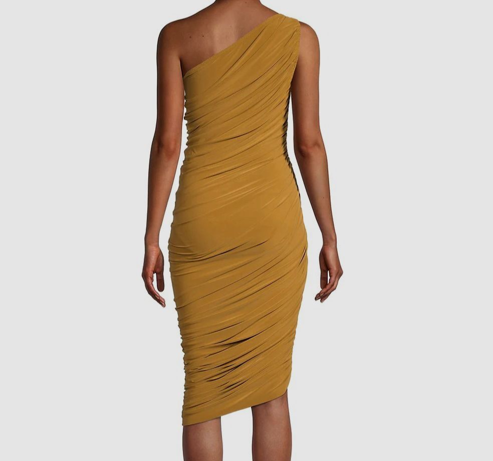 $205 Norma Kamali Diana Womens Gold Diana Ruched One-Shoulder Midi-Dress Sz S/36