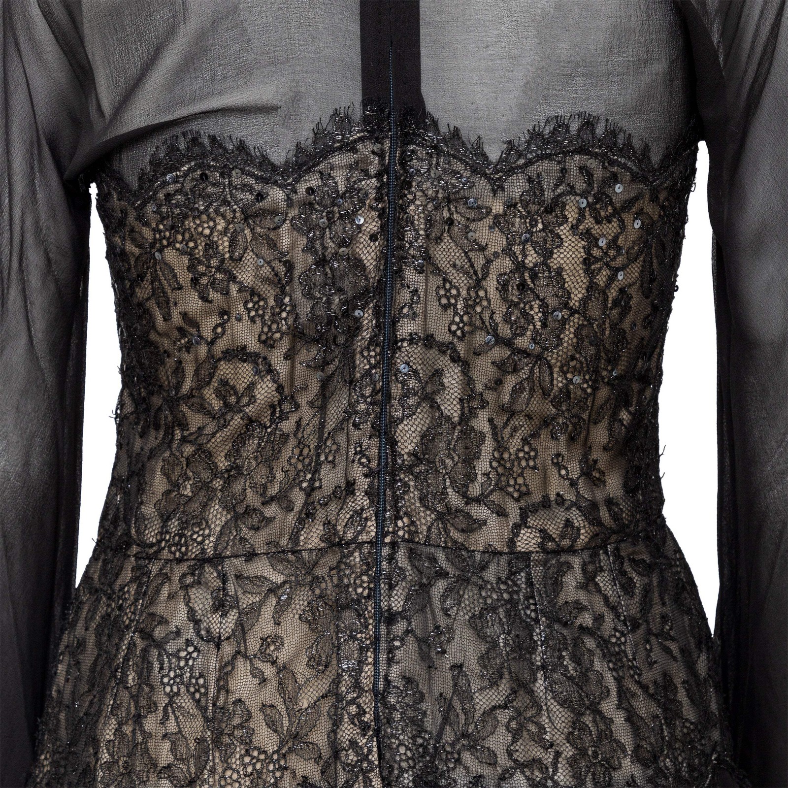 Nina Ricci Haute Boutique Black Chiffon Lace Dress 1970s France Vintage