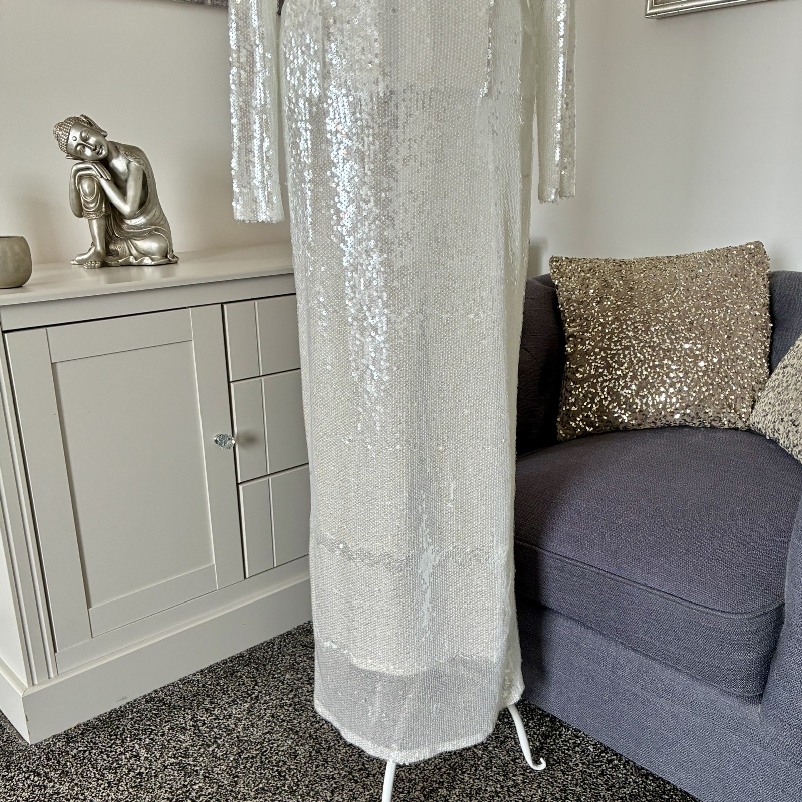 Rare London White Sequin Round Neck Long Sleeve Maxi Dress With Cami 8 RRP £95