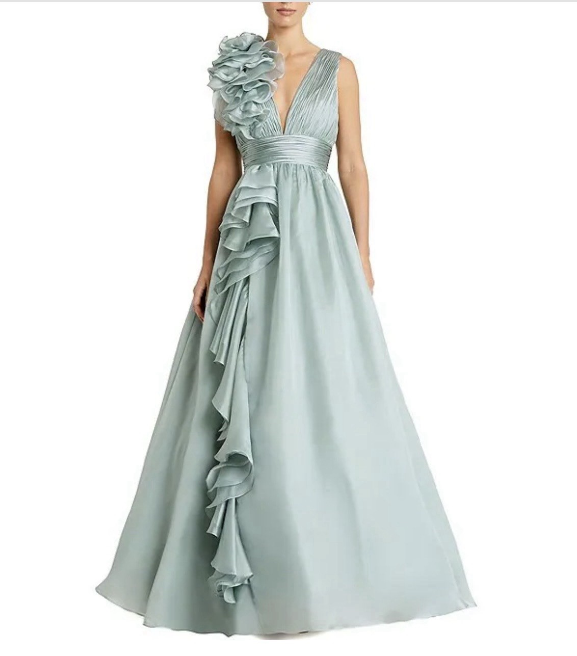 Mac Duggal Light Blue Chiffon One-Shoulder V-Neck Ruffle Long Gown Size 2