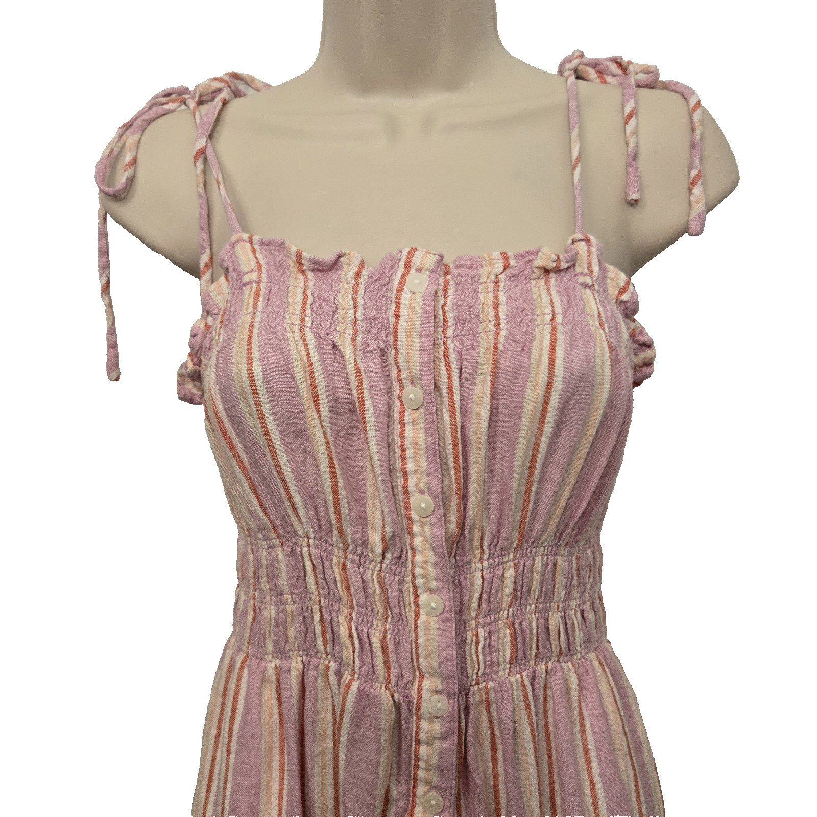 Pink Striped Smocked Linen Blend Midi Dress Tie Shoulder Button Summer Beach S