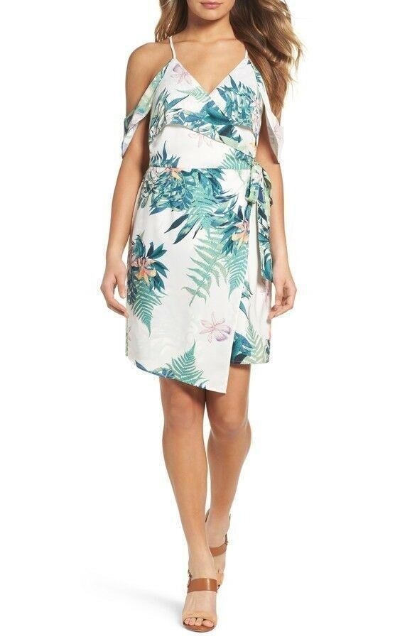 Adelyn Rae Tropical Dress Small Wrap Cold Shoulder Lined Island Strap