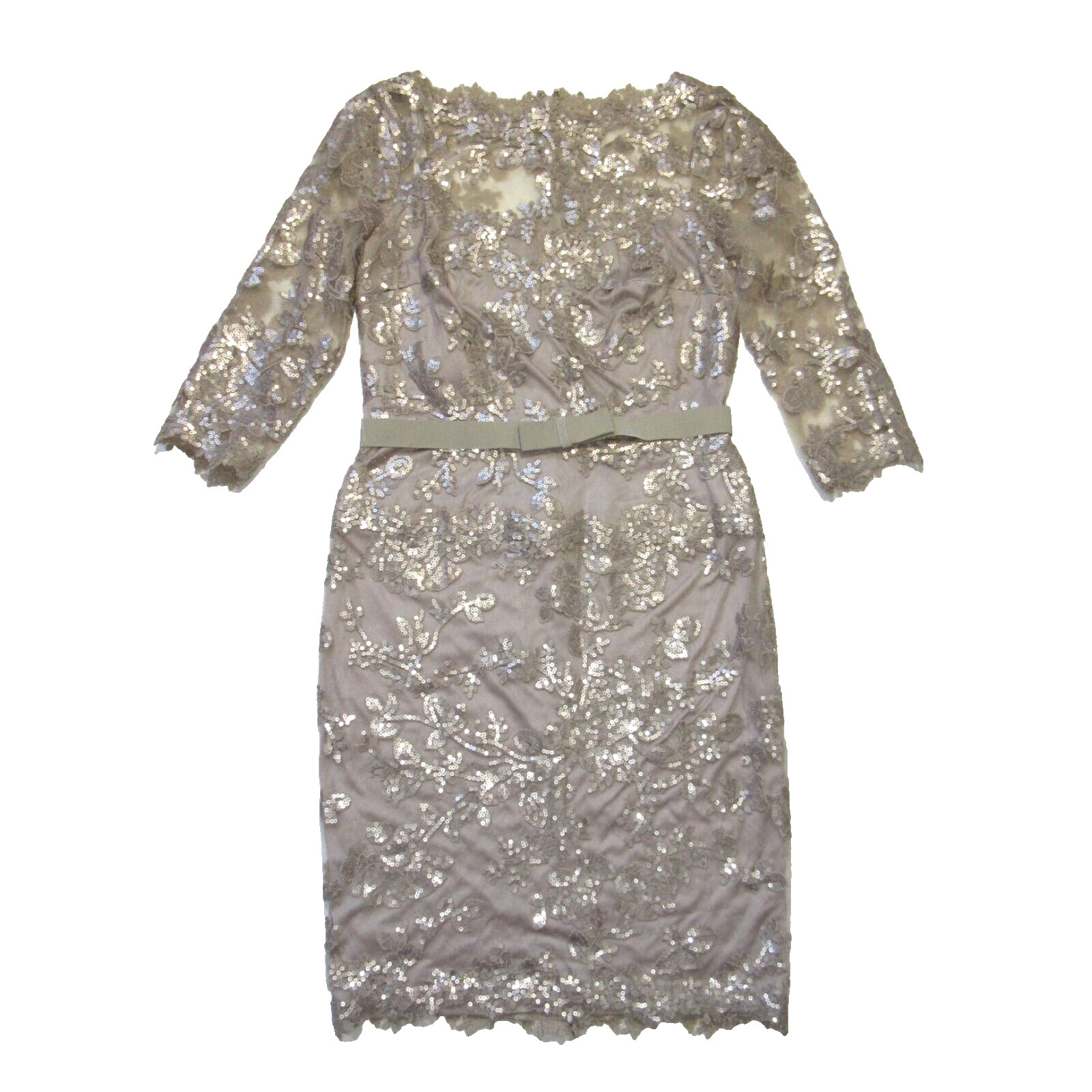 NWT TADASHI SHOJI Paillette Embroidered Tulle Sheath in Sand Belted Dress 6