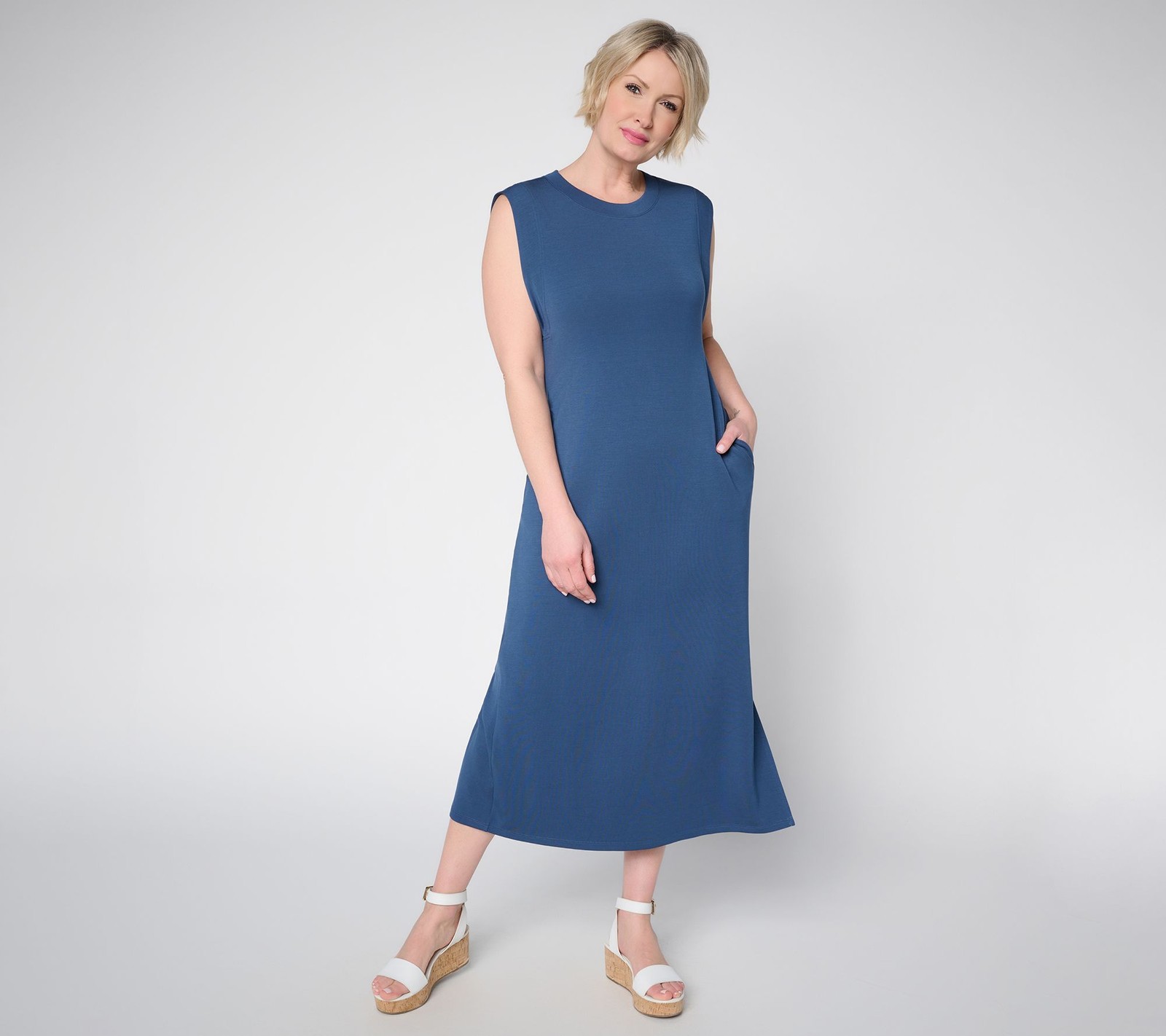 Belle by Kim Gravel Regular ScubaLuxe Maxi Dress w/ Bra Blocker Indigo L New
