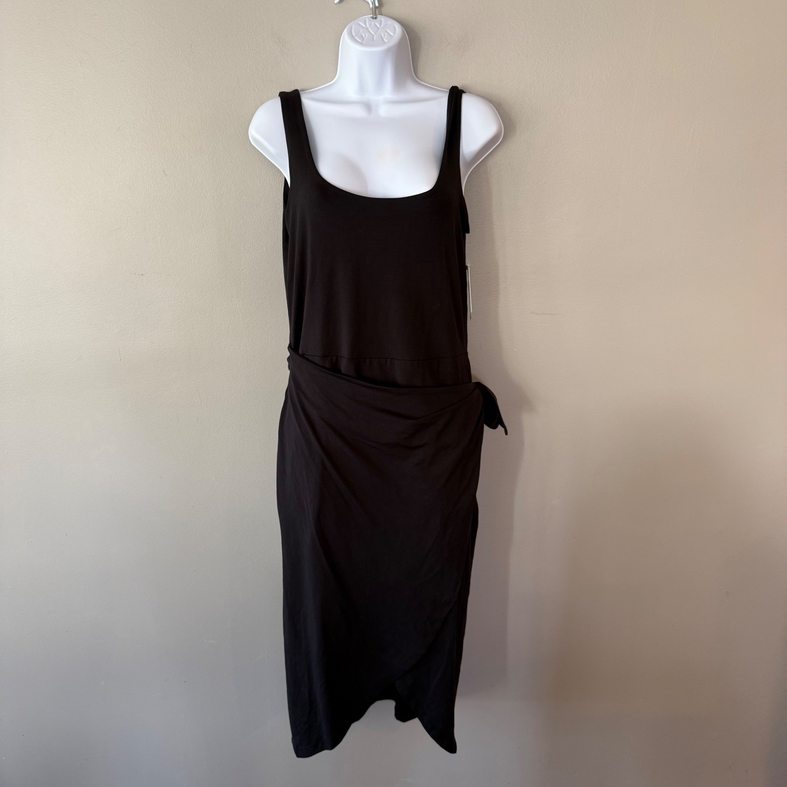 Beyond Yoga Black Scoop Neck Wrap Midi Dress NWT Sz Med Minimalist Travel Boho
