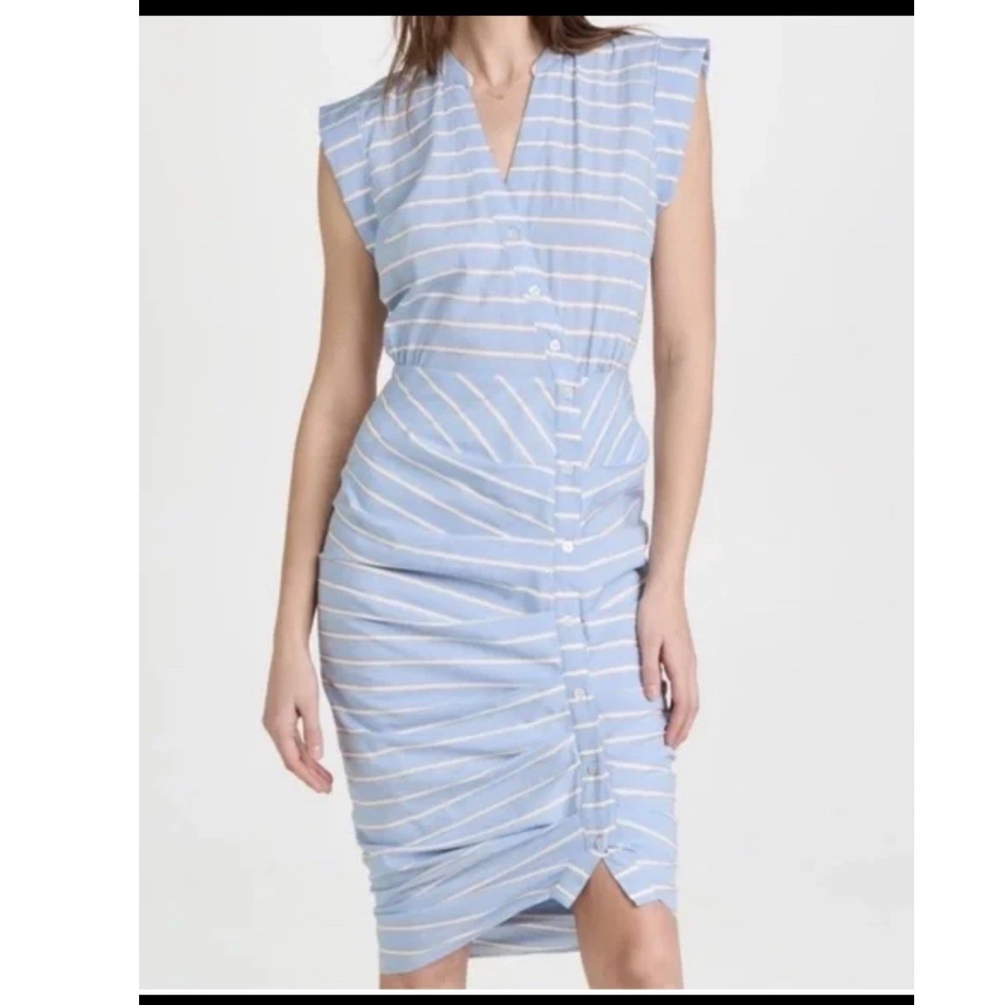 Veronica Beard Blue White Striped Ruched Button Front Sleeveless Midi Dress 6