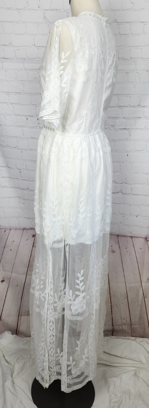 Boho Dress Romantic Sheer Lace Lined Side Slits Wedding Hippie Coquette Size S