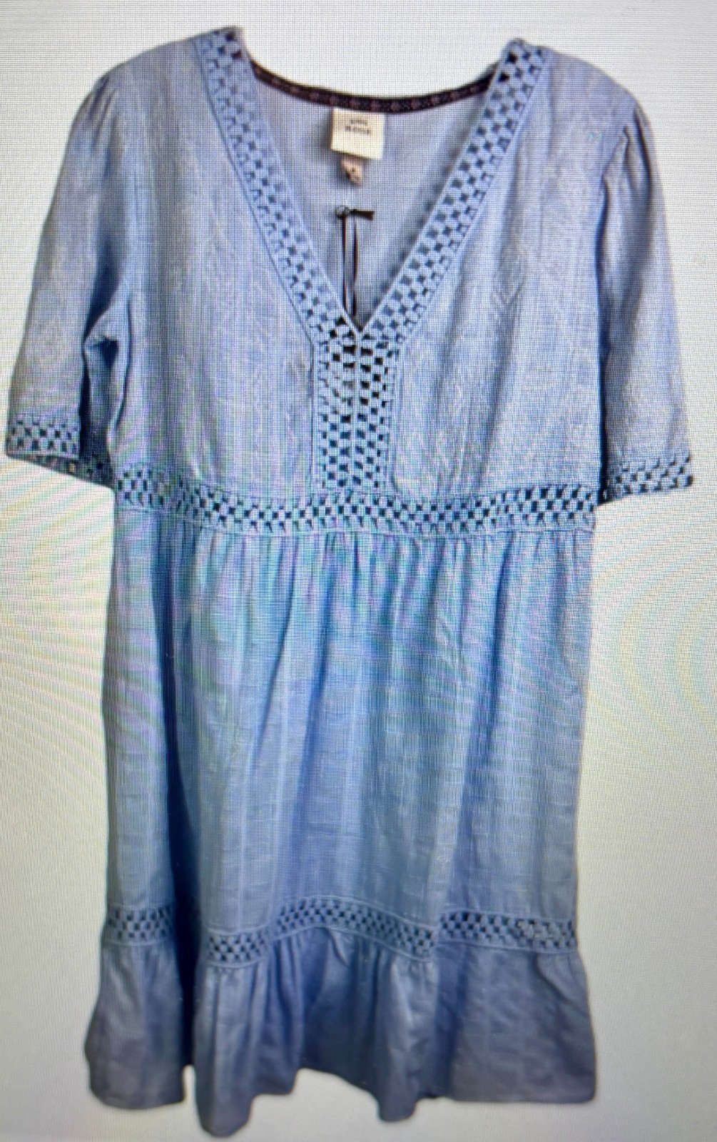 Knox Rose Dress Womens Cotton V Neck Embroidered Boho Cottage Fairy Light Blue L