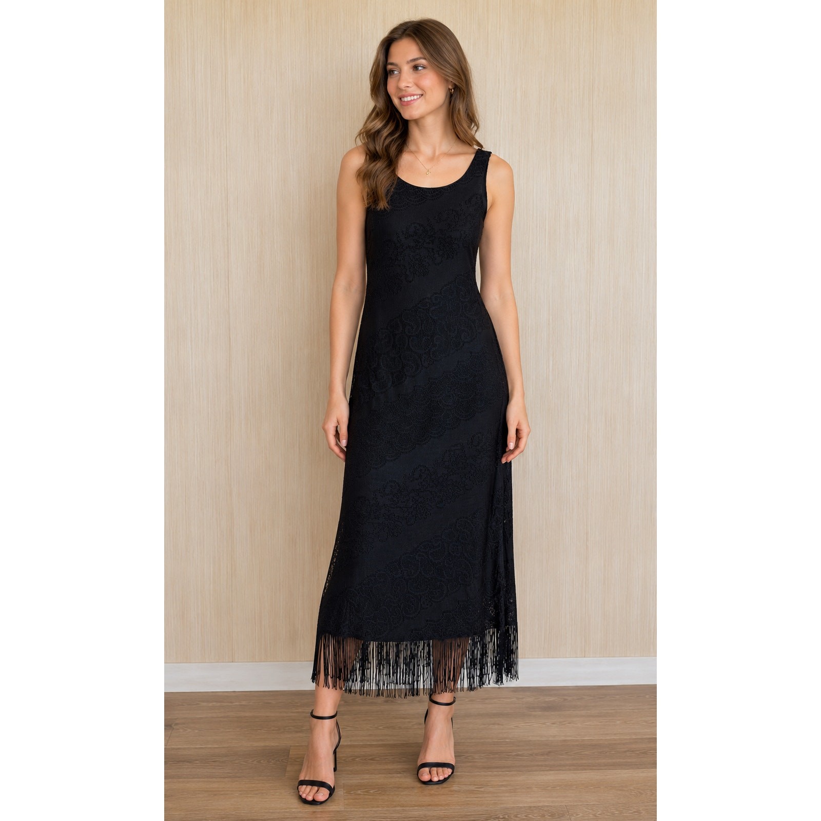 Vintage Harlow Lace Scallop Fringe Trim Midi Dress 12 Black USA Made Whimsigoth
