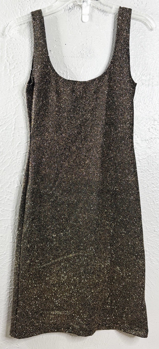 VTG Just In Time USA Made Medium Gold Black Sparkle Nylon/Poly Bodycon Dress EUC