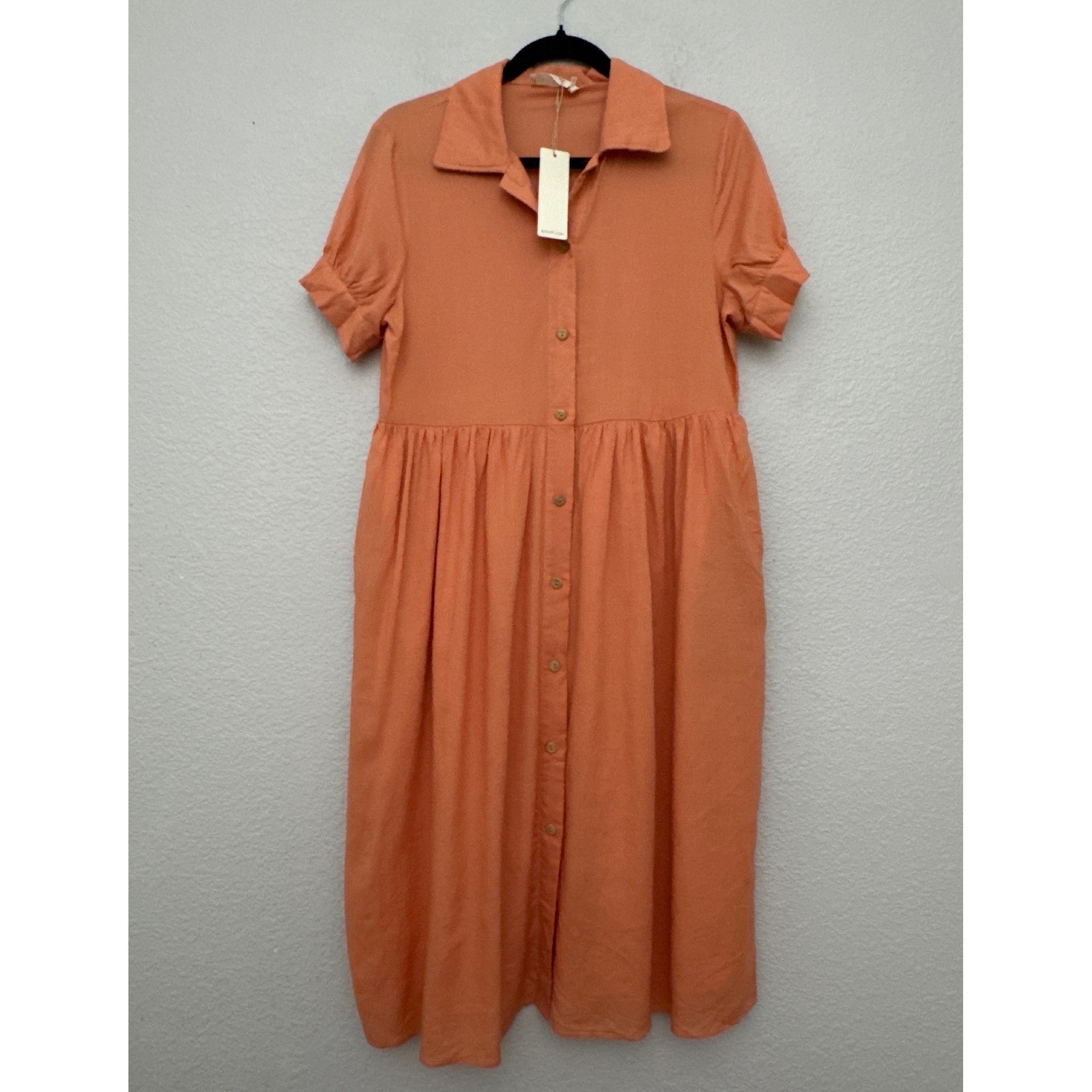 NWT Roolee Button Front Dress Orange Babydoll Short Sleeve Linen Blend Medium