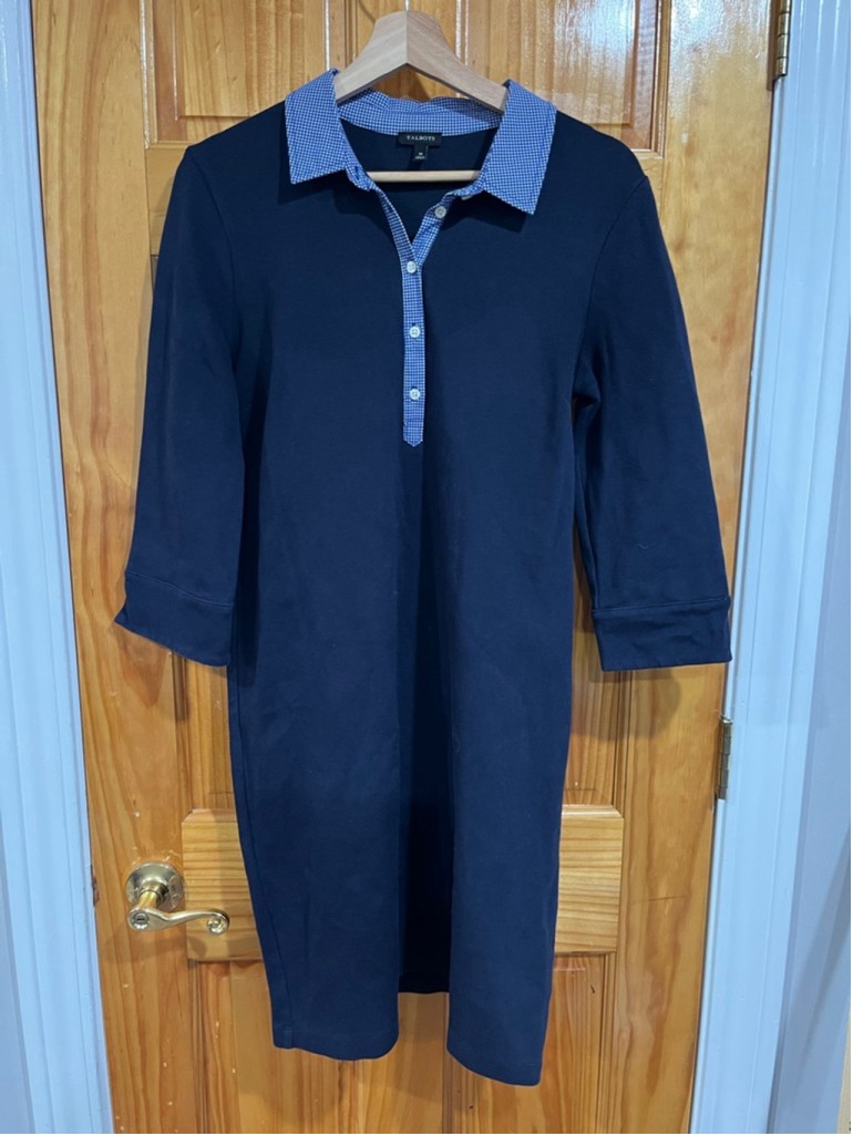 Talbots Preppy Back to School Navy Gingham Collar Piqué Polo Shirt Dress Medium