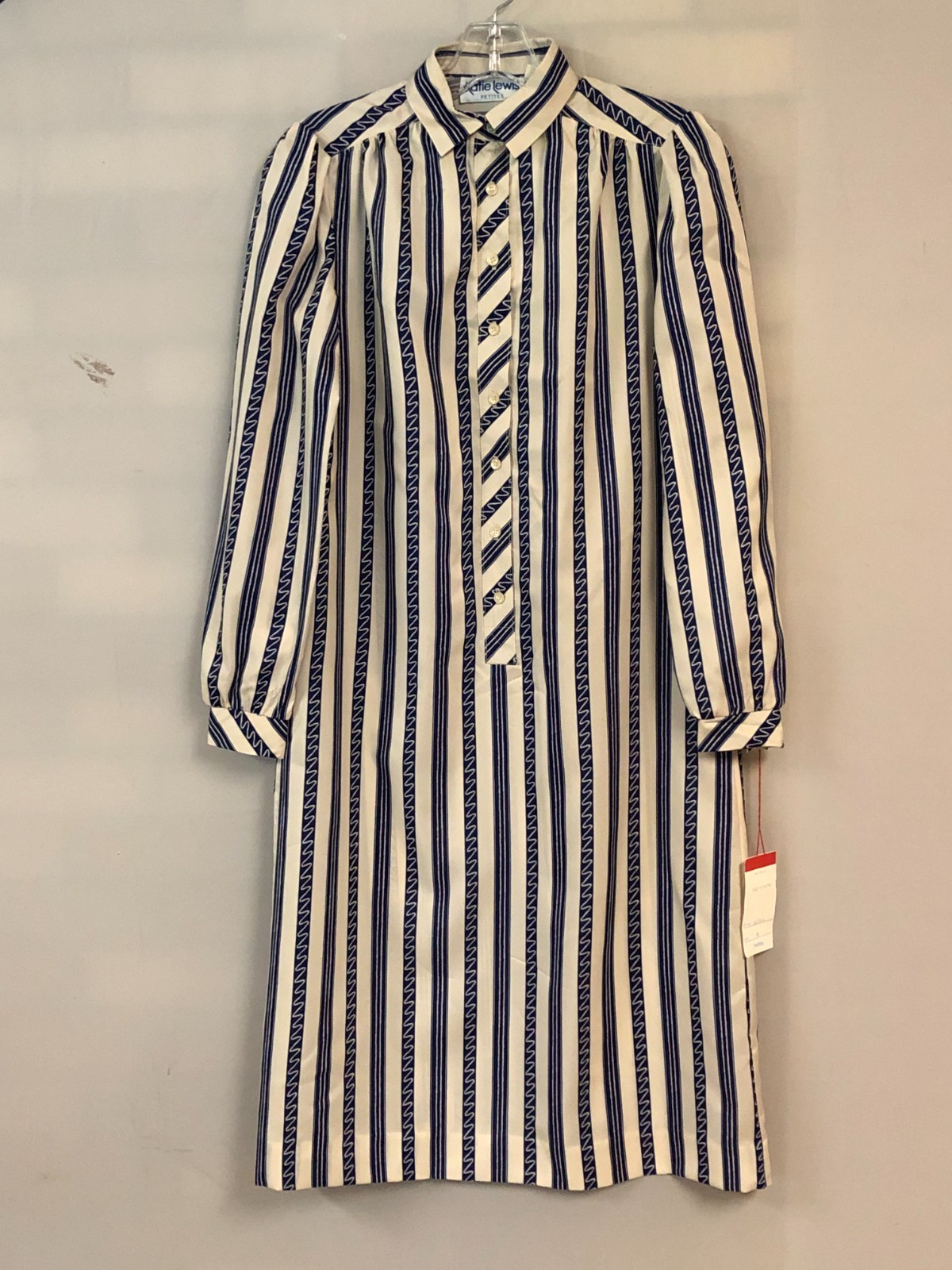 Katie Lewis Size 6 Striped Satin Shirt Dress Belt Loops Blue & Tan Vintage NWT