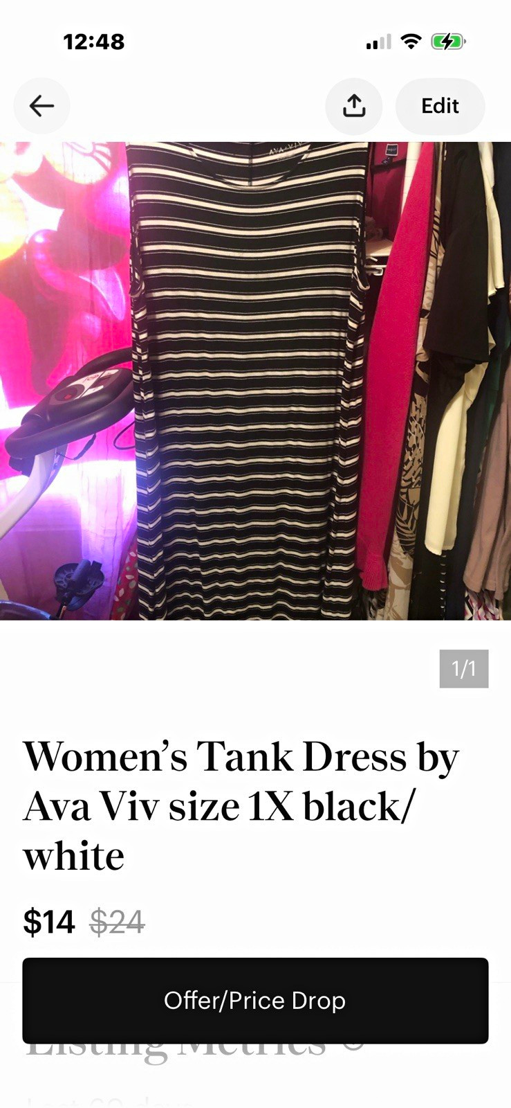 Ava & Viv Womens Long Tank Dress Striped Black White Sleeveless Plus Size 1X