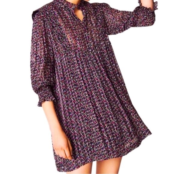 Ba&sh mini dress ikat print ruffles silk blend long sleeve size 3 US 10 Paris