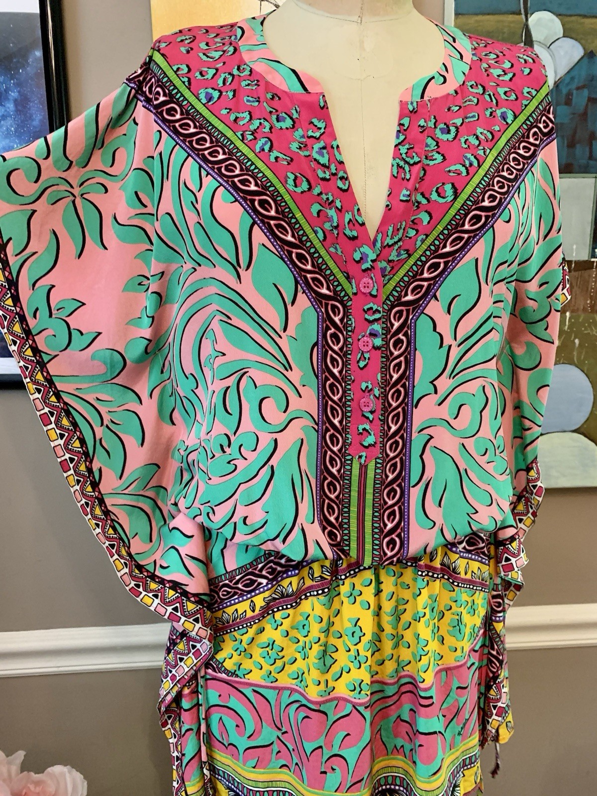 Hale Bob Silk Blend Vibrant Mixed Print Kaftan Tunic Mini Dress
