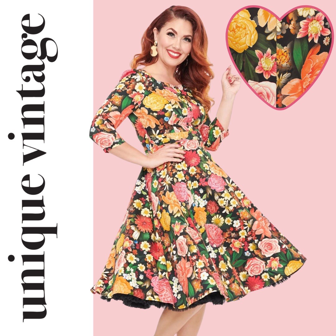 Unique Vintage Hearts & Roses Black Floral Cassidy Swing Dress, NWT!