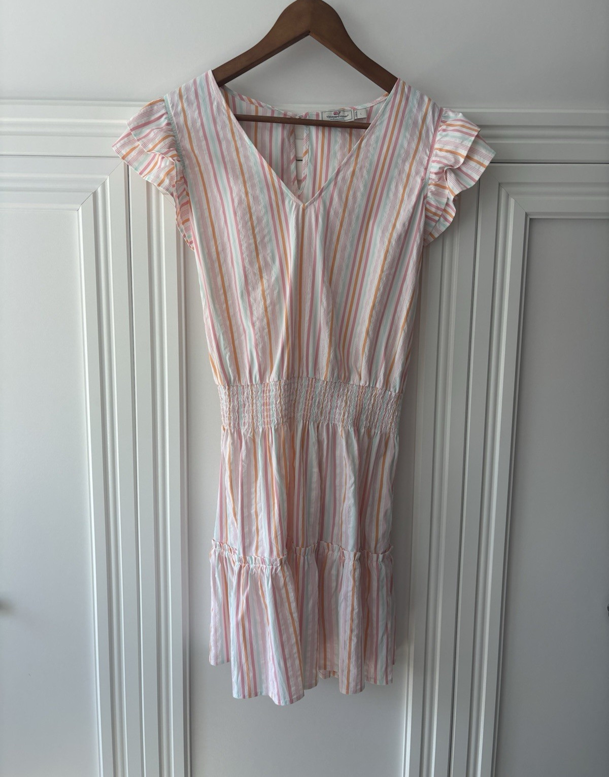 Vineyard Vines Multicolor Striped V-Neck Smocked Waist Flutter Sleeve Dress L