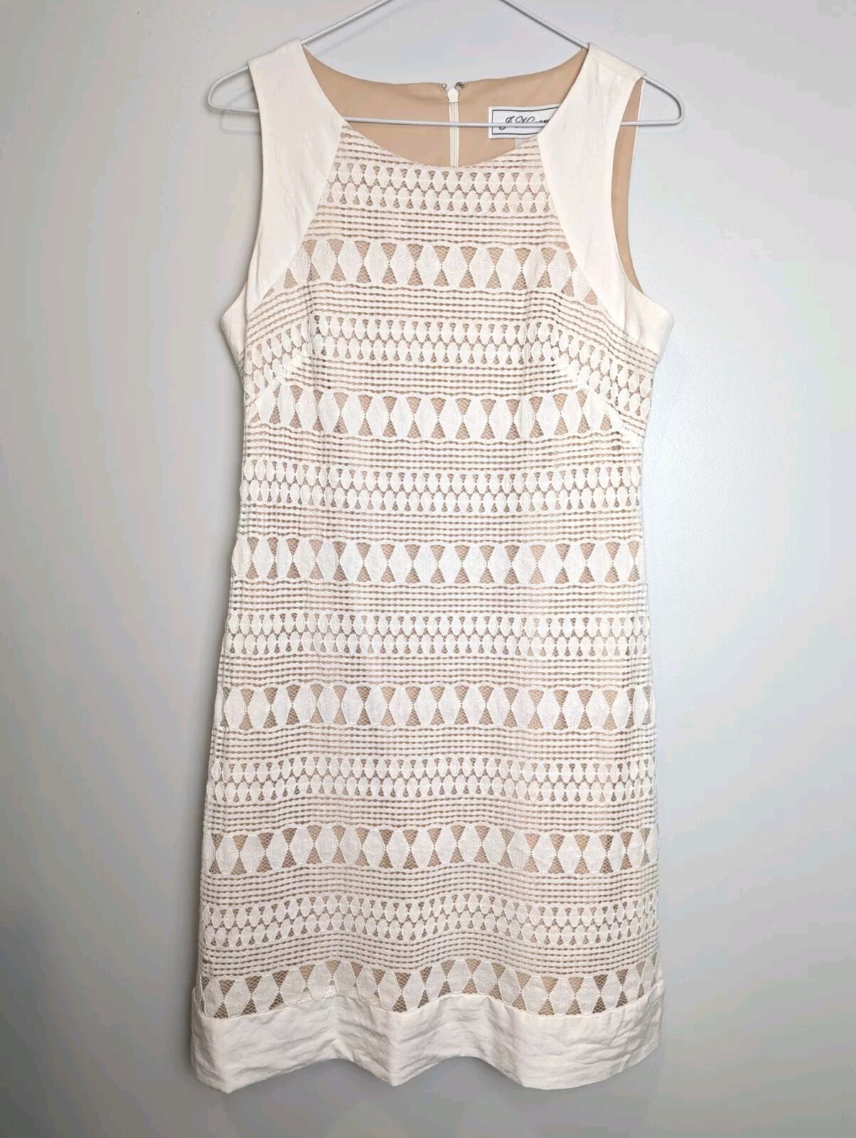 J Howard Ivory and Beige Lace Overlay Sheath Dress Size 8 Linen Blend Cocktail