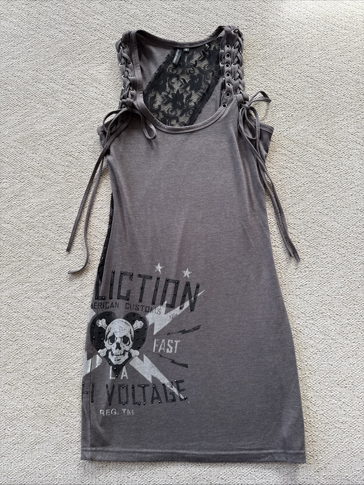Affliction Black Label Women’s Lace Inset Dress/Long Tank Top Small Gray Grey