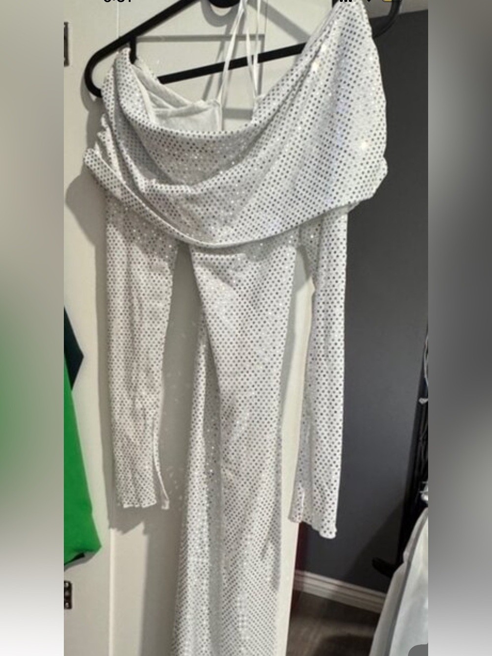 Glitter Sequin White Knitted Mesh Long Sleeve Off-Shoulder Bodycon Dress, Size L