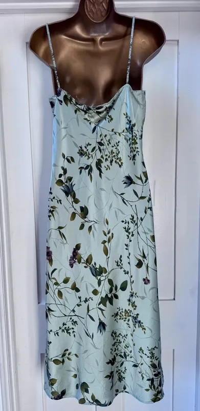 Monsoon 100% Silk Vintage Floral Cami Midi Dress UK 14 Sage Green Wedding Guest