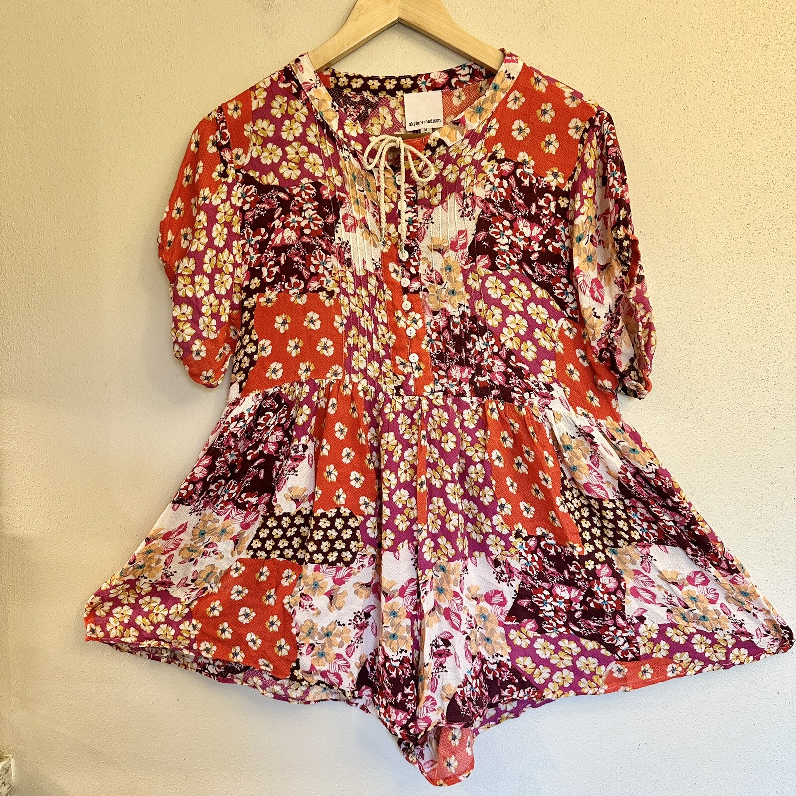 Skylar + Madison Red Floral Romper Size M Elastic Waist Summer Kayle Amore Set