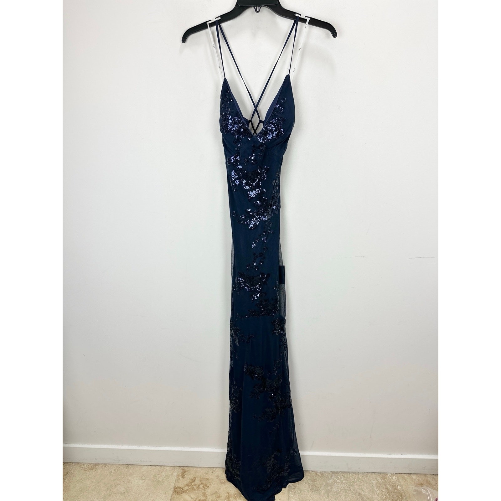 Lulus Valhalla Navy Blue Sequin Lace-Up Maxi Dress Formal Evening Glam Large NWT