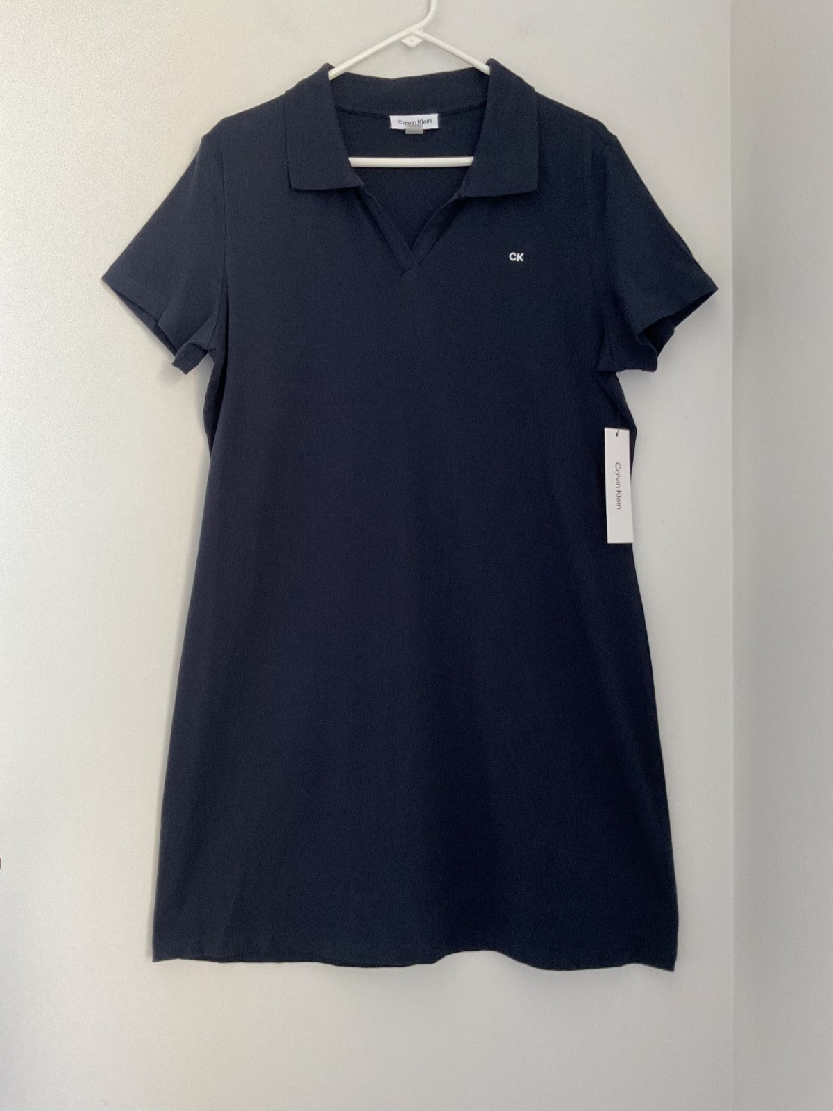 Calvin Klein Navy Blue Polo Dress Size XL Stretch Split Neck Embroidered Logo