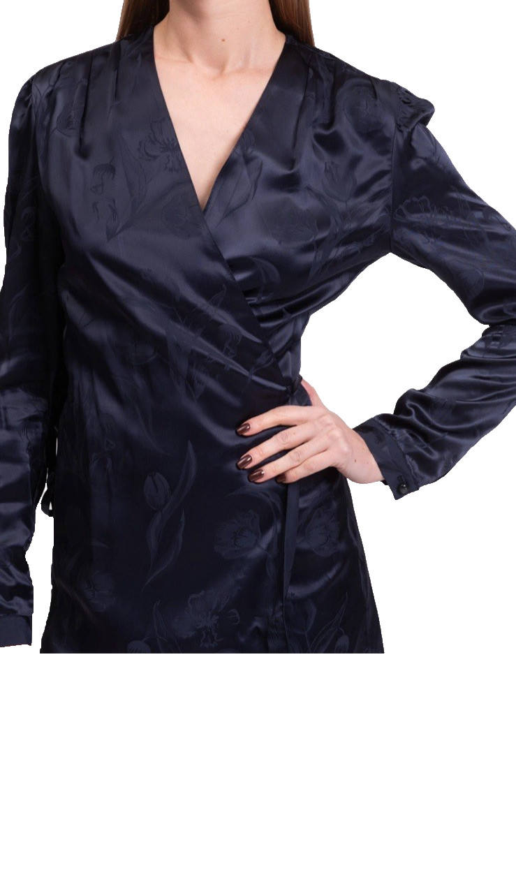 $235 Cacharel Satin Jacquard Blue Wrap Ling Sleeve Dress UK8 EU36 USA4 IT40 BNWT