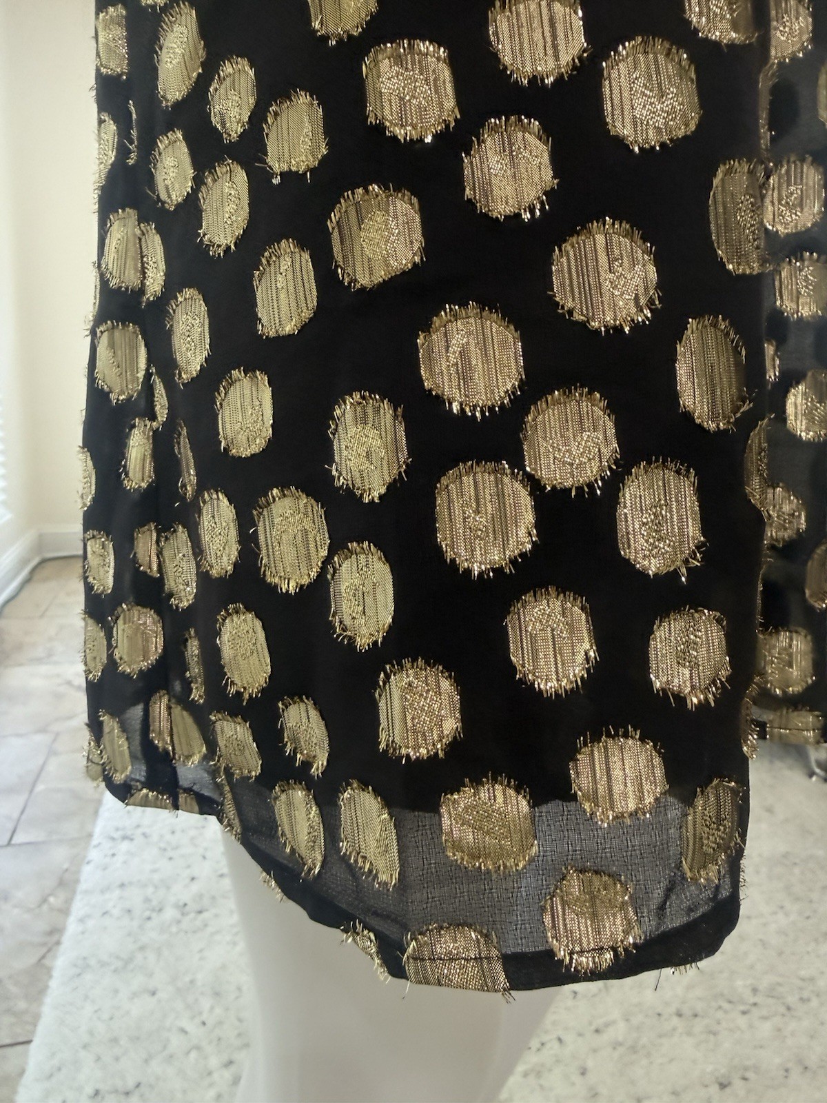 For Love & Lemons Lottie Ruffle Off the Shoulder Mini Dress in Gold Dot Size S