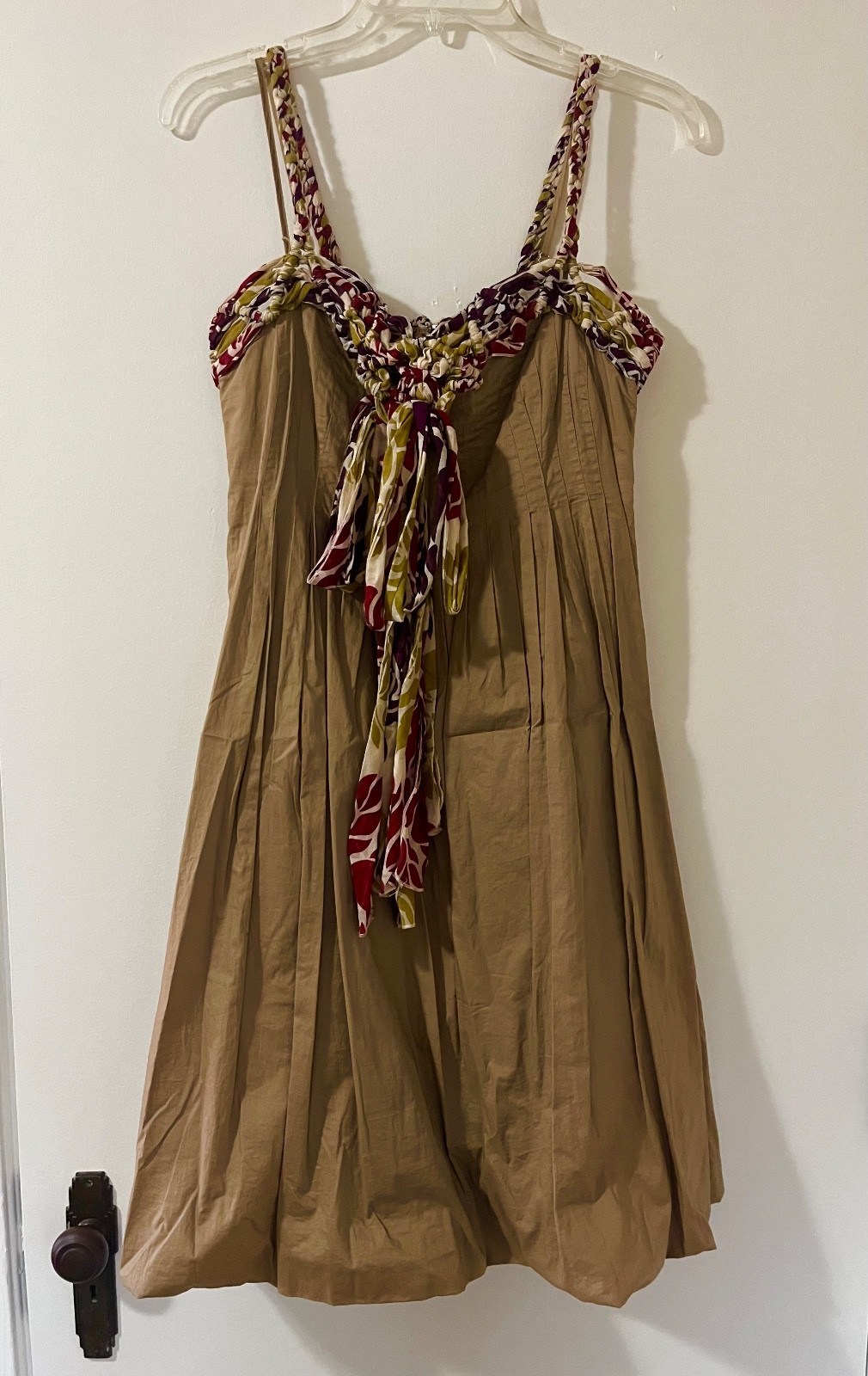 maxazria collection womens tan pleated bubble hem sweetheart braided bow dress