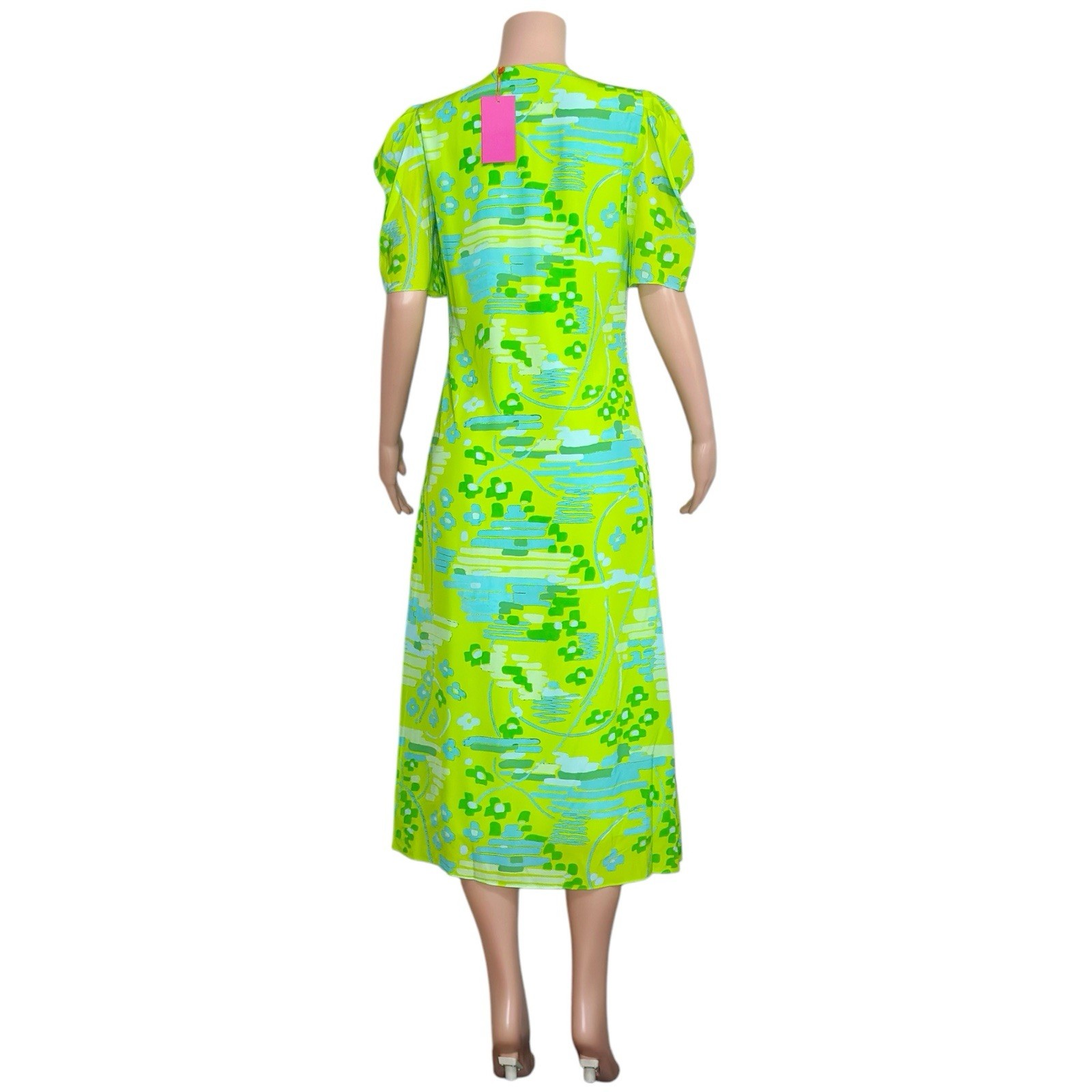 $450 NWT RHODE Maci Geometric Puff Sleeve Midi Dress, Electric Eden, 8 (US)