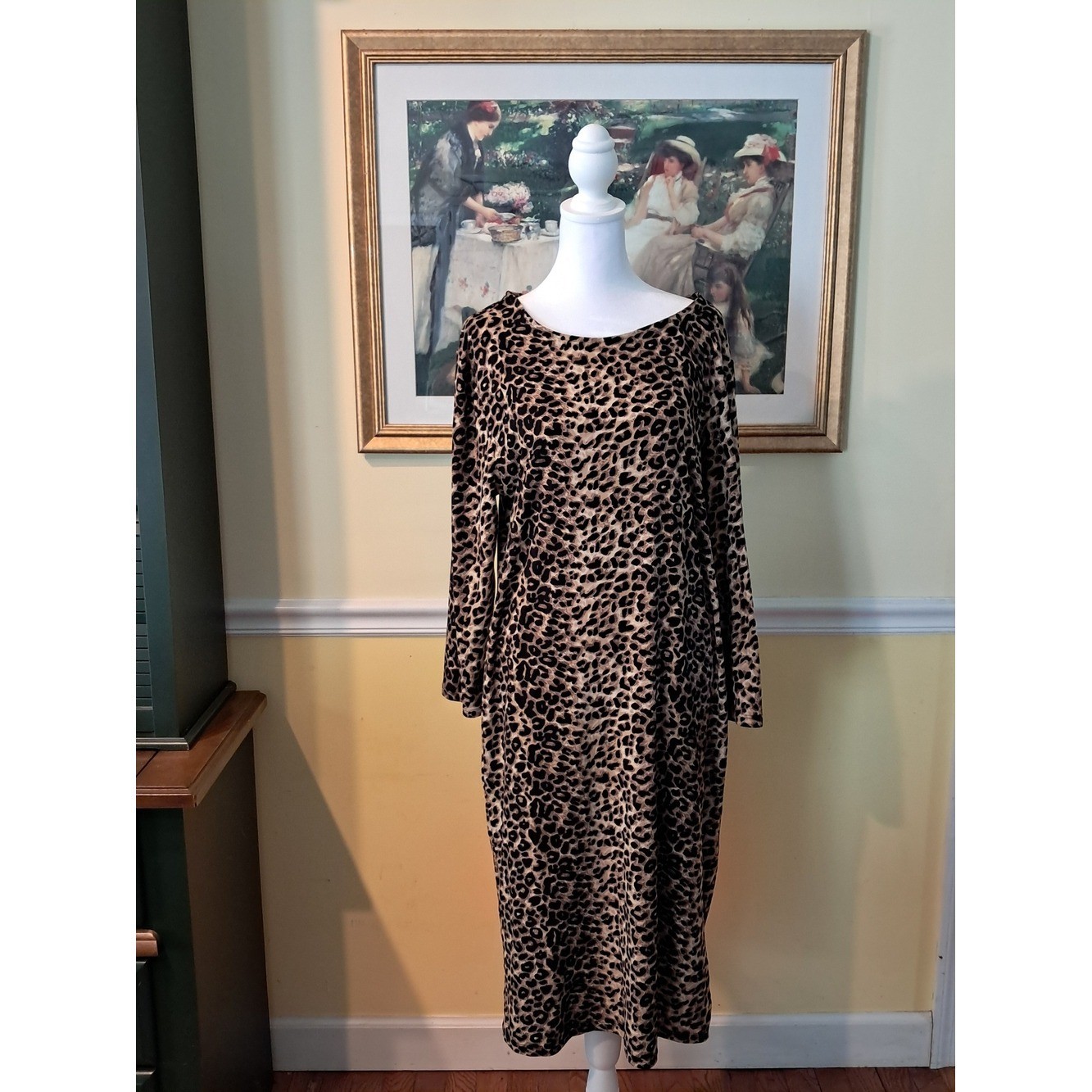 Yelete Leopard Print Long Sleeve Midi Dress – Beige & Black Size 3X