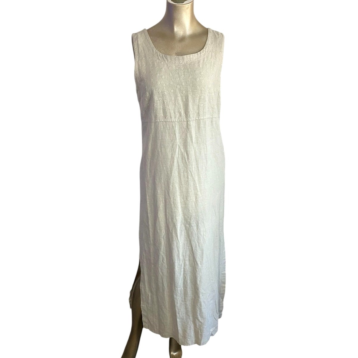 Vintage Kathie Lee Collection Linen Blend Eyelet Midi Dress Beige Small 90s Boho