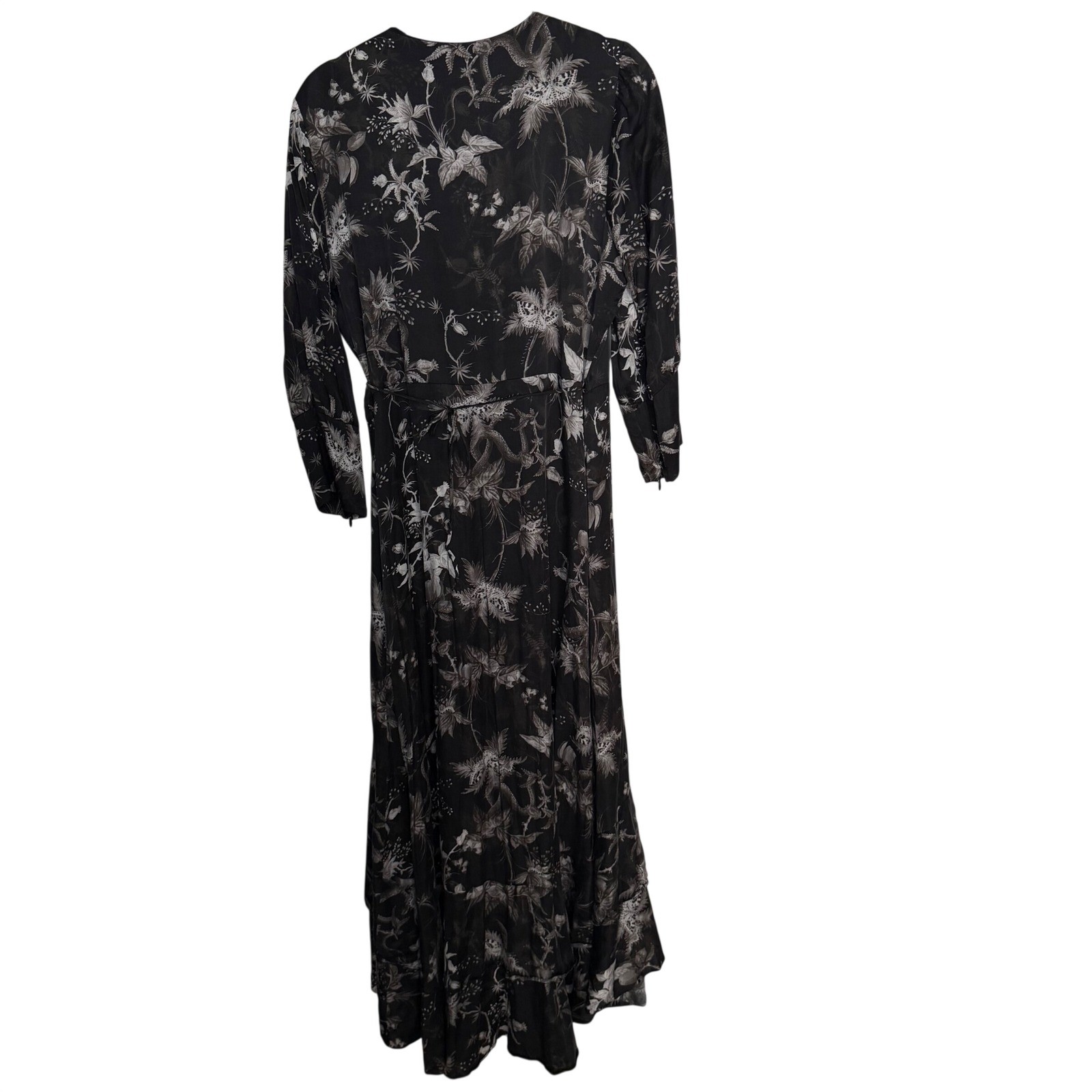AllSaints Tage Evolution Silk Blend Wrap Midi Dress Black Floral Dragon Large