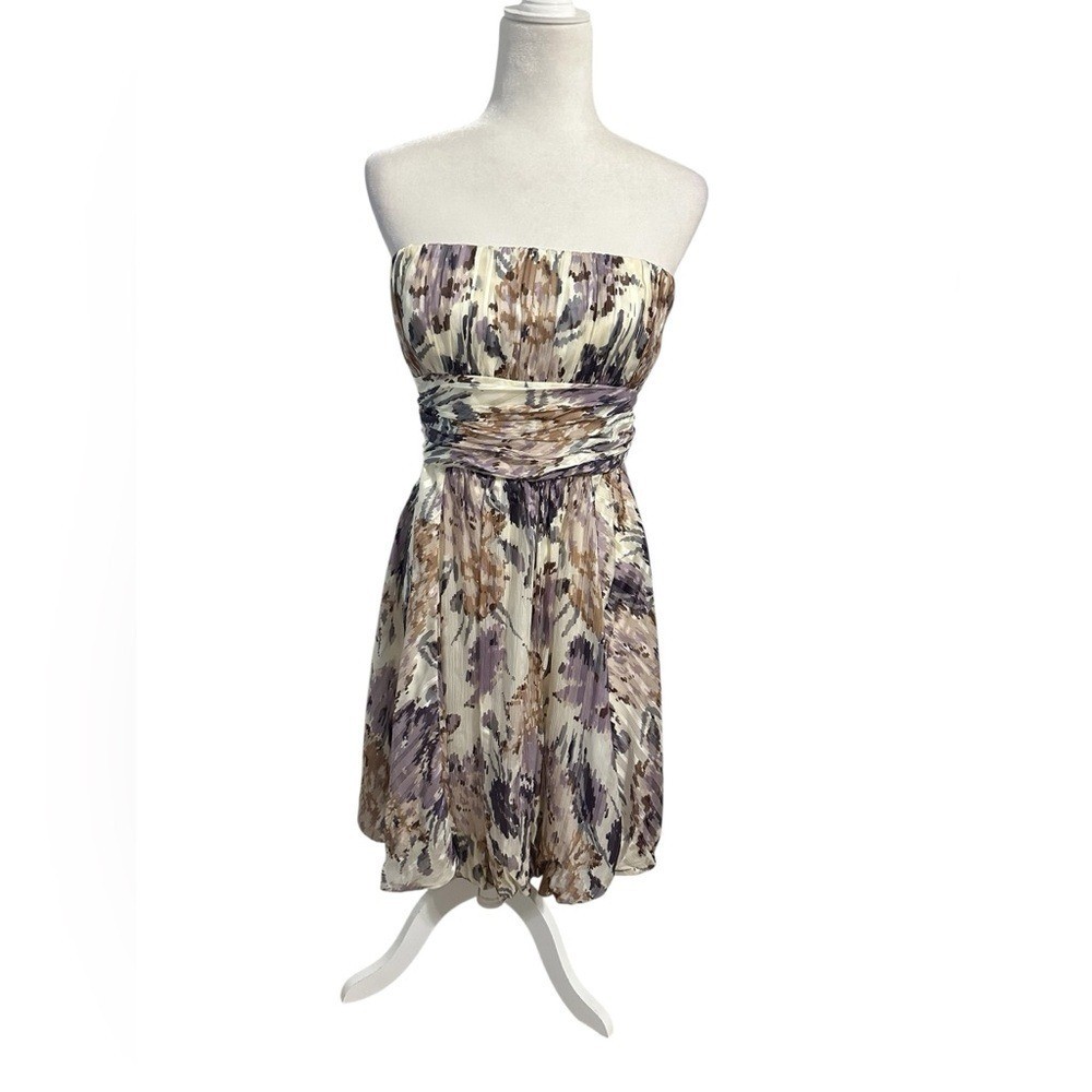 BCBGMaxAzria Strapless Floral 100% Silk Dress Lavender Cream Cocktail Formal 8