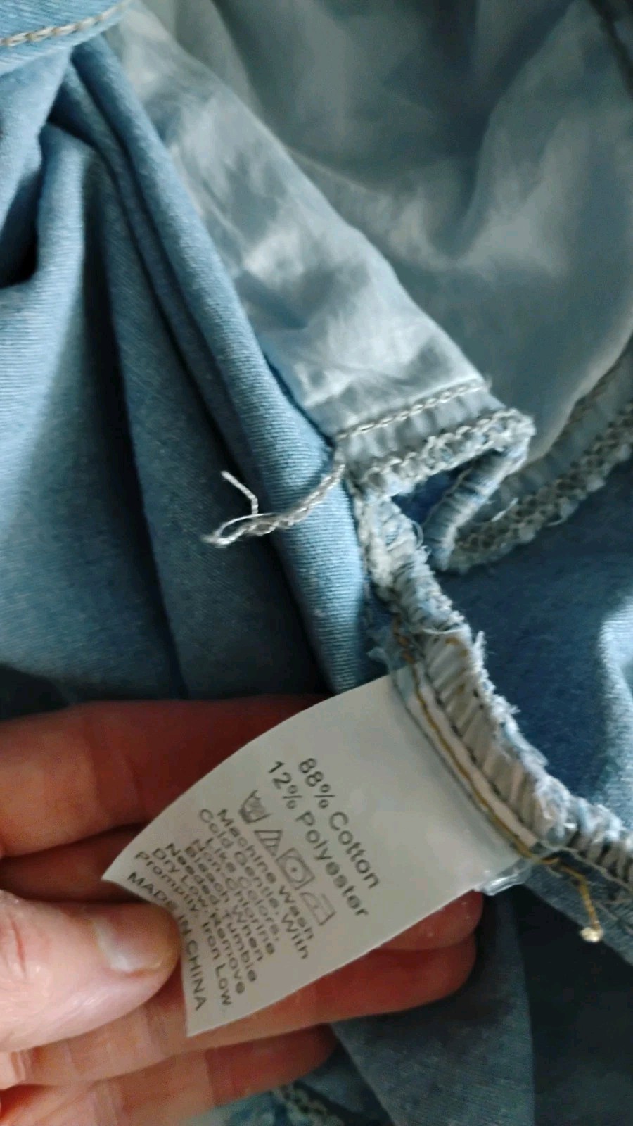 Denim Mini Dress Button Up Raglan Sleeve Distressed Hem Size L EUC