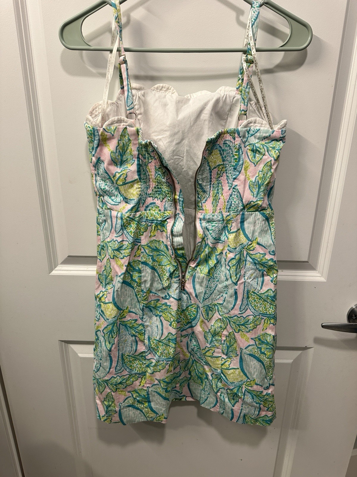 Lilly Pulitzer Scalloped Dress Size 2 Pink Green Citrus Lemon Print Smocked Back