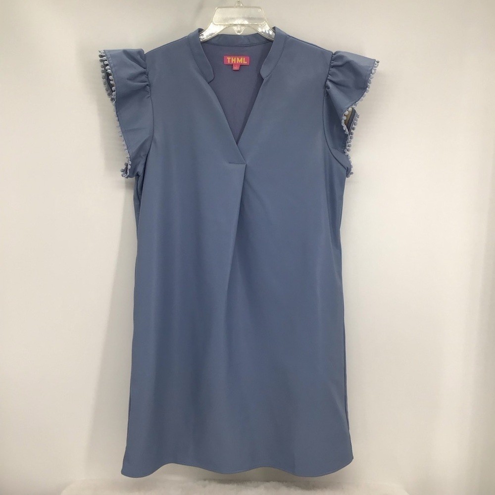 THML Wome’s Faux Leather V-Neck Ruffle Sleeve Dress Casual Career Blue Size L