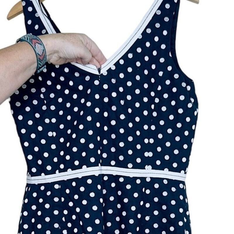 Muse Polka Dot Sheath Dress 14 Navy Blue V-Neck Sleeveless Pockets Retro Slit