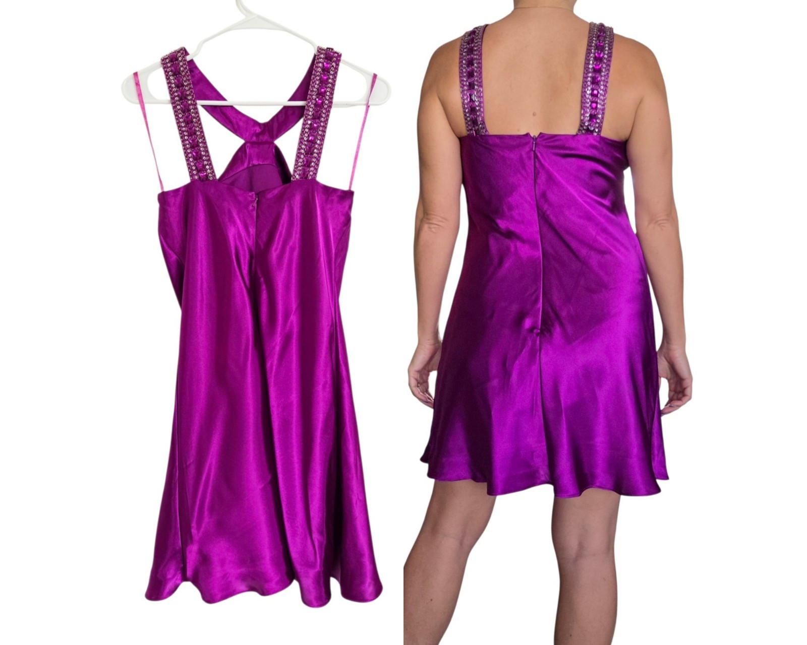 Jump Apparel Y2K Purple Satin Beaded Rhinestone Mini Dress XS Fairy Party NEW