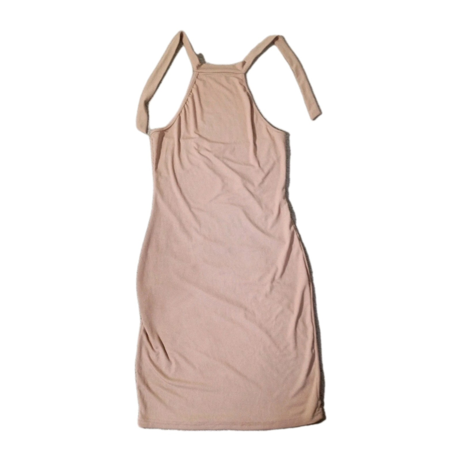 NWOT Unbranded Beige Ribbed Halter Dress Large Bodycon Mini Backless Tan Stretch