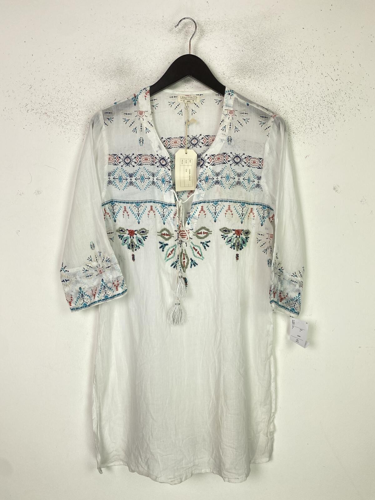 Laraethnics White Printed Tunic Dress Tassel Tie 3/4 Sleeve Lightweight UK L New